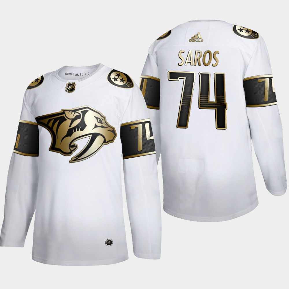 Cheap Nashville Predators 74 Juuse Saros Men Adidas White Golden Edition Limited Stitched NHL Jersey